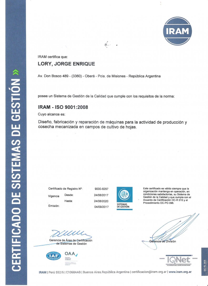 IRAM ISO 9001 Quality Management System certificate issued to Lory Máquinas